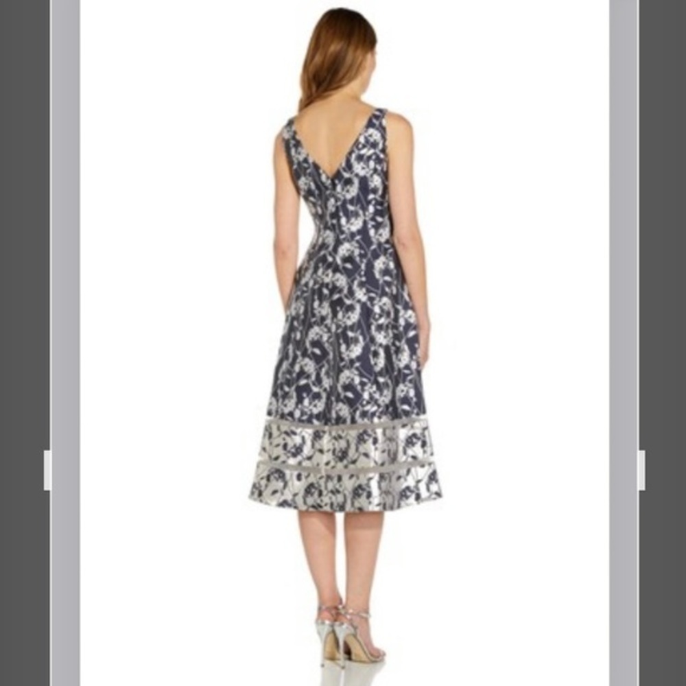 Adrianna Papell REVERSE Jacquard Midi Dress in Navy Blue / Silver - Picture 2 of 14